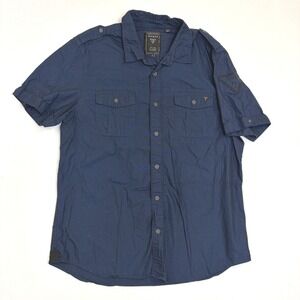 Guess Mens Navy Blue Short Sleeve Military Utility Shirt Large Slim Fit Patches